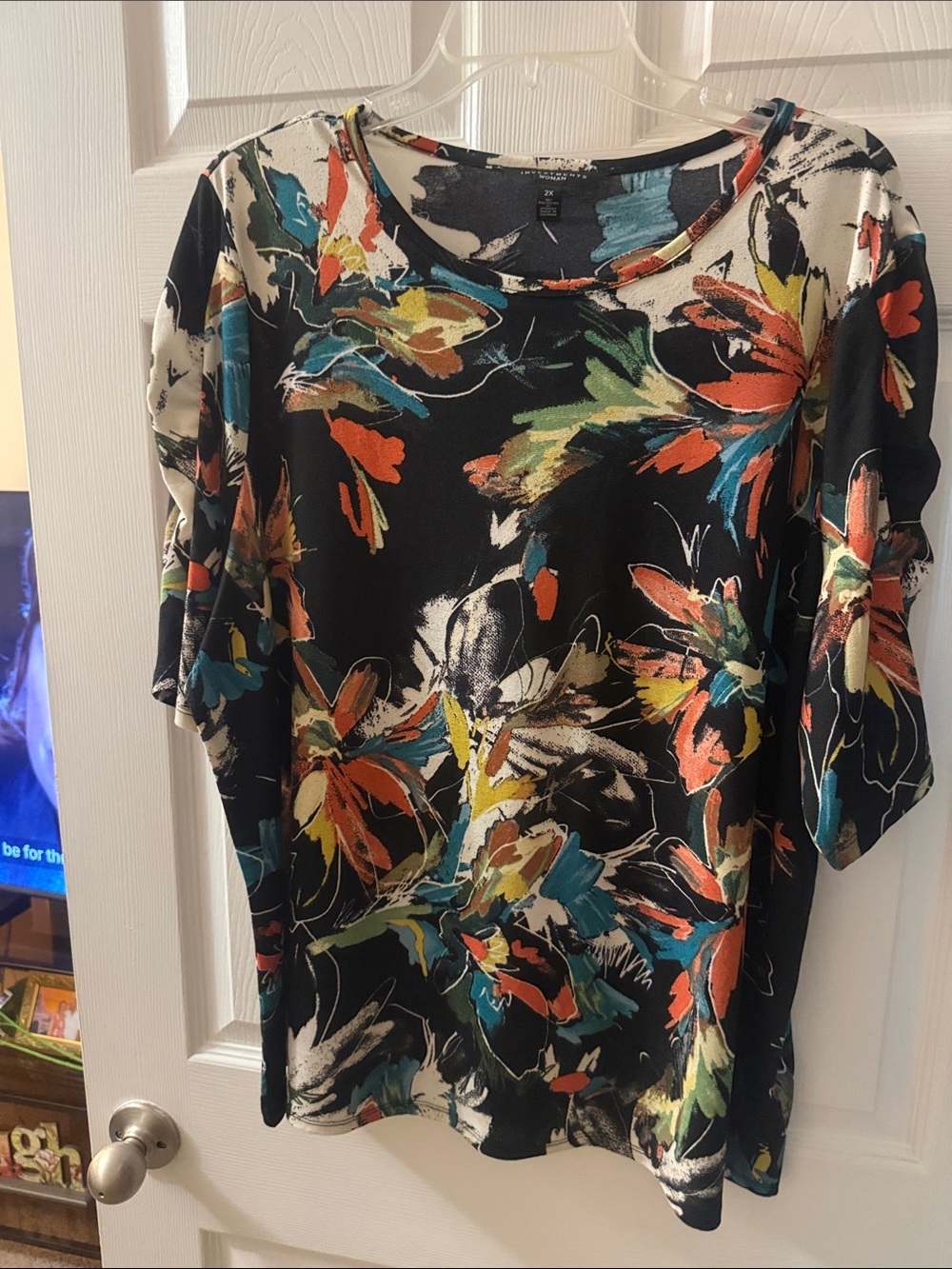 Investments Black Scoop Neck Top with Multicolor Floral Brushprint